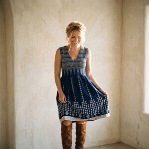 NWT Max Edition Indigo Blue Boho Smocked Dress - Size M Anthropologie style